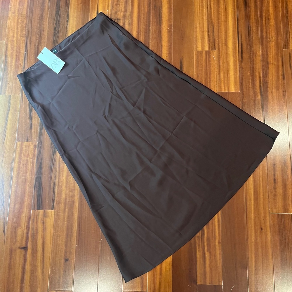 Zara Brown Midi Skirt Satin Feel Slip Solid Neutral Minimalist Chocolate New XL